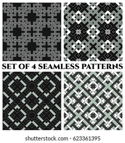 Set of 4 abstract modern geometric seamless patterns with celtic ornament of black, gray, and white shades