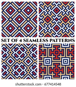 Set of 4 abstract modern geometric seamless patterns with decorative ornament of red, blue, white and beige shades
