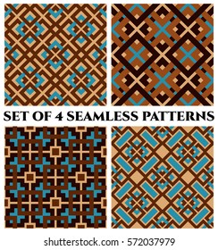 Set of 4 abstract modern geometrical seamless patterns with celtic ornament of brown, blue, and beige shades