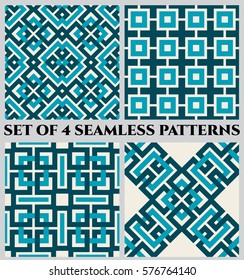 Set of 4 abstract modern geometrical seamless patterns with celtic ornament of blue, teal, and white shades