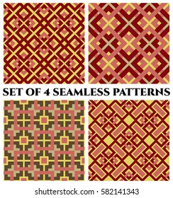 Set of 4 abstract modern geometrical seamless patterns with celtic ornament of red, pink, green, and yellow shades