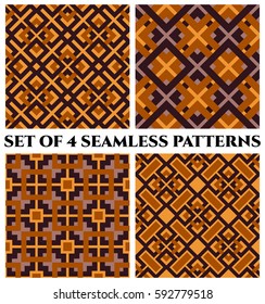 Set of 4 abstract modern geometrical seamless patterns with celtic ornament of violet, brown, and orange shades
