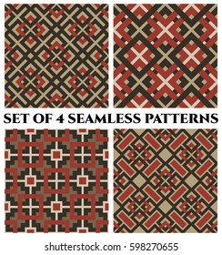 Set of 4 abstract modern geometrical seamless patterns with celtic ornament of camouflage, red, sand, and white shades