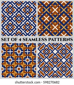 Set of 4 abstract modern geometrical seamless patterns with celtic ornament of blue, orange, brown, and white shades
