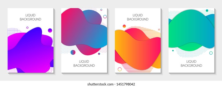 Set of 4 abstract modern graphic liquid elements. Dynamical different vivid colored fluid forms. Isolated banners with flowing liquid shapes. Template for the design of a logo, flyer or presentation.