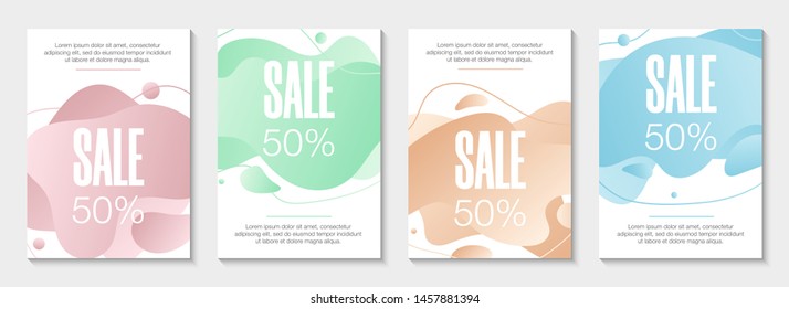 Set of 4 abstract modern graphic liquid banners. Dynamical waves different colored fluid forms. Isolated templates with flowing liquid gradient shapes. For the special offer, flyer or presentation.