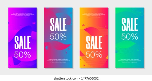 Set of 4 abstract modern graphic liquid banners. Dynamical waves different colored fluid forms. Isolated templates with flowing liquid gradient shapes. For the special offer, flyer or presentation. 