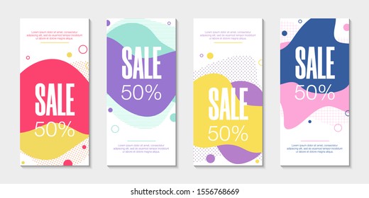 Set of 4 abstract modern graphic liquid banners. Dynamical waves different colored fluid forms. Isolated templates with flowing liquid shapes. For the special offer, flyer or presentation. 