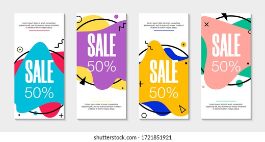 Set of 4 abstract modern graphic liquid banners. Dynamical waves different fluid forms. Isolated templates with flowing shapes in memphis 80s style. For the special offer, flyer or presentation. 