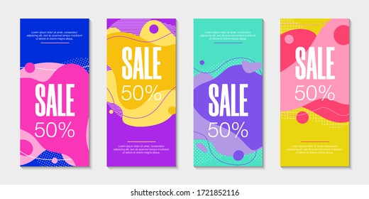 Conjunto de 4 banners gráficos modernos abstractos de líquido. Olas dinámicas diferentes formas de fluido. Plantillas aisladas con formas fluidas en el estilo memphis 80s. Para la oferta especial, el volante o la presentación. 