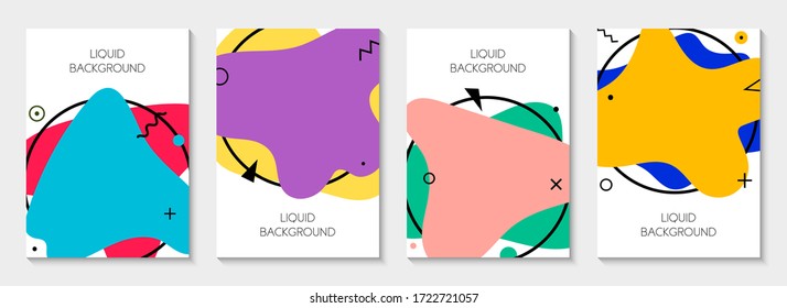 Conjunto de 4 banners gráficos modernos abstractos de líquido. Olas dinámicas diferentes formas de fluido coloreadas memphis. Plantillas aisladas con formas líquidas fluidas. Para la oferta especial, el volante o la presentación.