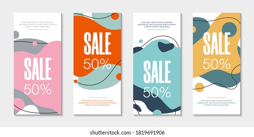 Set of 4 abstract modern graphic liquid banners. Dynamical waves different colored fluid forms. Isolated templates with flowing liquid shapes. For the special offer, flyer or presentation.