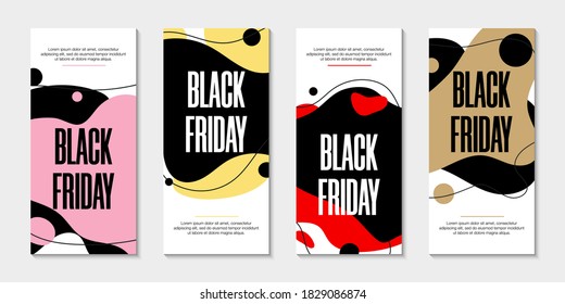 Set of 4 abstract modern graphic liquid banners. Dynamical waves different colored fluid forms. Isolated Black Friday templates with flowing liquid shapes. Special offer, flyer or presentation.