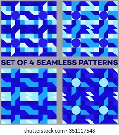 Set of 4 abstract modern seamless patterns with different geometric shapes of blue, cyan and white shades