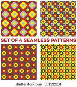 Set of 4 abstract modern seamless patterns with different geometric shapes of red, grey and yellow shades