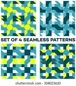 Set of 4 abstract modern seamless patterns with different geometric shapes of teal, yellow, blue and white shades