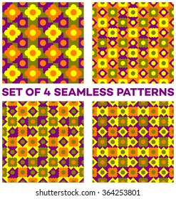 Set of 4 abstract modern seamless patterns with different geometric shapes of violet, green, orange and yellow shades