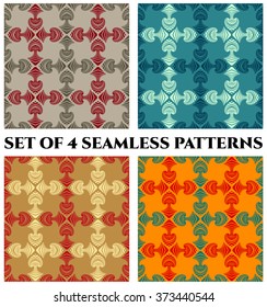 Set of 4 abstract modern seamless patterns with decorative ornament of blue, red, beige and grey shades on colorful backgrounds