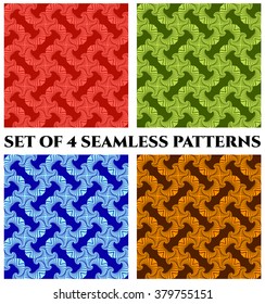 Set of 4 abstract modern seamless patterns with fractal ornament of red, blue, green and orange shapes