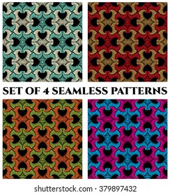 Set of 4 abstract modern seamless patterns with colorful fractal decorative ornament on black background