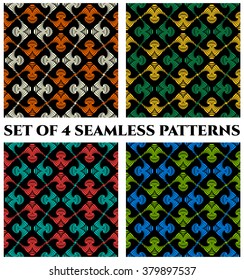 Set of 4 abstract modern seamless patterns with red, green, orange, white, yellow and teal shades decorative ornament on black background