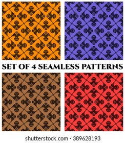Set of 4 abstract modern seamless patterns with black decorative elements on brown, red, orange and blue backgrounds
