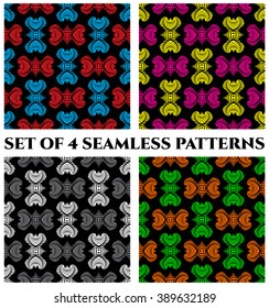 Set of 4 abstract modern seamless patterns with multicolored decorative elements on black background