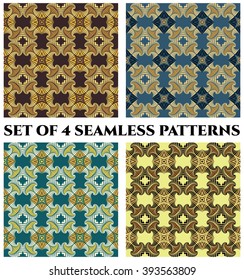 Set of 4 abstract modern seamless patterns with fractal decorative elements of brown, beige, golden, blue, orange, yellow and white shades