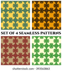 Set of 4 abstract modern seamless patterns with fractal decorative elements of blue, yellow, black, red, green and white shades