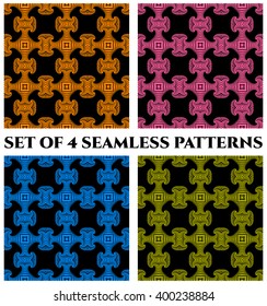 Set of 4 abstract modern seamless patterns with green, orange, pink and blue shades decorative elements on black background