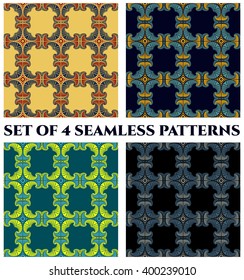 Set of 4 abstract modern seamless patterns with fractal decorative elements of blue, yellow, black, red, teal and grey shades