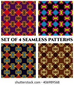Set of 4 abstract modern seamless patterns with red, green, yellow, violet, orange, yellow, blue, black, brown and beige shades