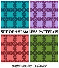 Set of 4 abstract modern seamless patterns with fractal decorative elements of blue, green, red and violet shades