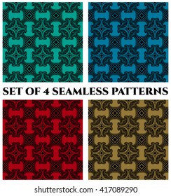 Set of 4 abstract modern seamless patterns with black decorative elements on brown, blue, red and green backgrounds