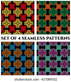 Set of 4 abstract modern seamless patterns with blue, green, yellow, red, orange, cyan and violet shades decorative elements on black background