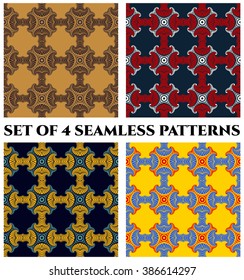 Set of 4 abstract modish seamless patterns with decorative elements of red, blue, yellow, brown, white and golden shades