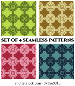 Set of 4 abstract modish seamless patterns with decorative elements of red, blue, green and golden shades