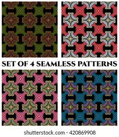Set of 4 abstract modish seamless patterns with green, purple, brown, beige, grey, red, pink, yellow, blue and violet shades decorative elements on black background