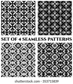 Set of 4 abstract monochromic decorative seamless patterns with geometric ornament of black, grey and white shades