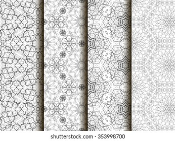 Set of 4 Abstract patterns. Black and white seamless vector backgrounds, textures. Ornament of fine lines. 