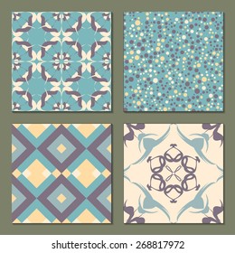 Set of 4 abstract  patterns. Light soft seamless wallpaper. Vector illustration. Fantasy background with geometric shapes, flowers, rhombus and circles. Polka dot pattern.