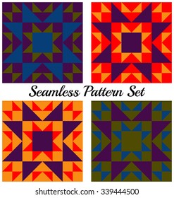 Set of 4 abstract retro geometric seamless patterns with triangles and squares of red, blue, green, violet and yellow shades
