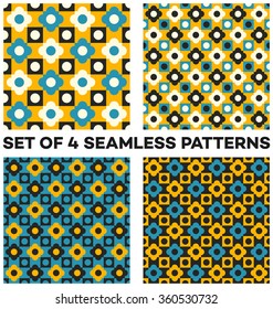 Set of 4 abstract retro seamless patterns with different geometric shapes of blue, white, yellow and black shades