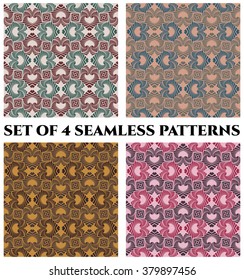 Set of 4 abstract retro seamless patterns with decorative ornament of blue, green, red, grey, purple, golden, pink, beige and golden shades