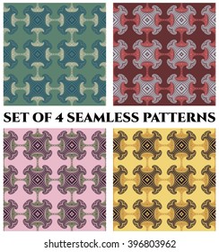 Set of 4 abstract retro seamless patterns with fractal decorative elements of blue, green, beige, red, grey, violet, yellow, golden and brown shades