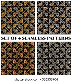 Set of 4 abstract royal seamless pattern with decorative ornament of golden, silver and bronze gradient shades on black background