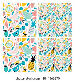 Set of 4 abstract seamless pattern with fruits and berries, different size. Vector template for postcards, banners, fabrics, t-shirts. Pastel color. On white background. Abstract spots.