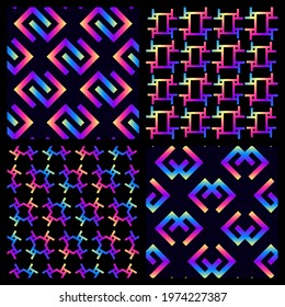 Set of 4 abstract seamless patterns. Neon rainbow-colored gradient elements vector wallpaper. 