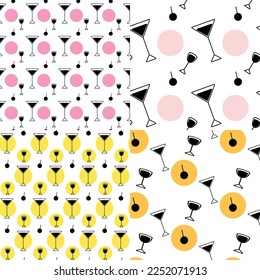 Set of 4 abstract seamless patterns from glasses and spot in trendy hue. Background texture. Isolate
