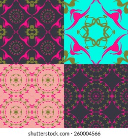 Set of 4 abstract seamless patterns. Vector illustration. Retro background. Vivid wallpaper with fantasy floral ornament.